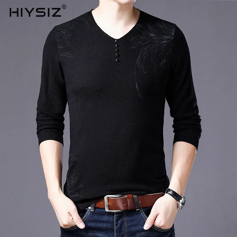 

HIYSIZ Sweaters Men 2019 Wool Button Decoration Flower Pattern Casual V-Neck Streetwear Autumn Winter Long Sleeve Pullover SW026