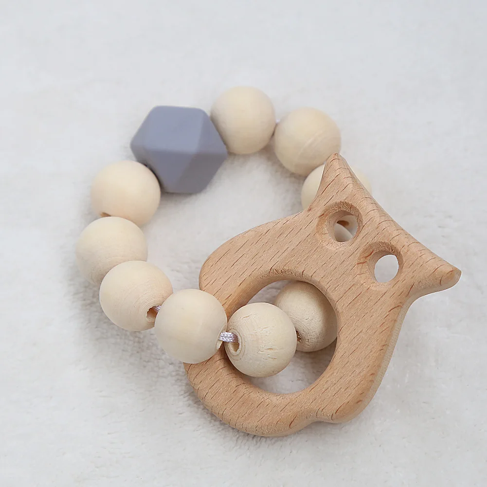 Baby Nursing Bracelets Natural Wood Teether Silicone Beads Teething Wooden Rattles Toys Baby Teething Toy Bracelets Nursing Gift - Цвет: Gray Owl