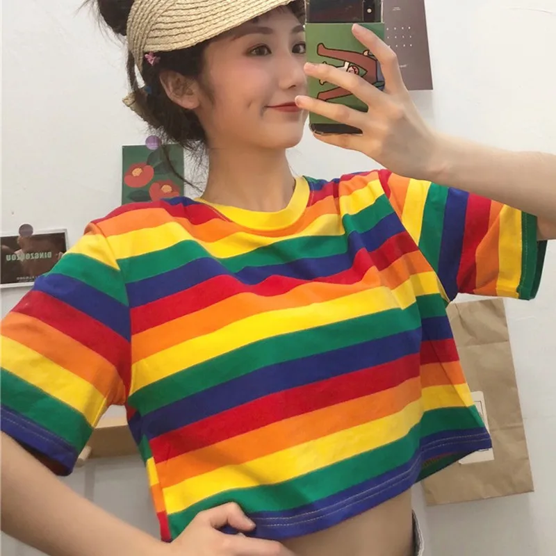 Summer Rainbow T-Shirt Women Loose Round Collar Stripes Print T-Shirts Loose Short Sleeve Casual Short Wild T-Shirt 2020 New Summer Rainbow T-Shirt Women Loose Round Collar Stripes Print T-Shirts Loose Short Sleeve Casual Short Wild T-Shirt 2020 New