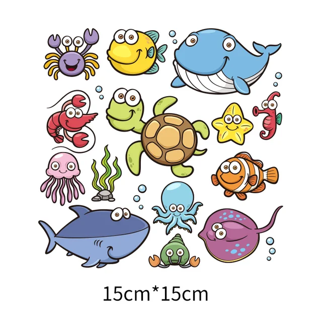 Combination set seabed biological plant printing stickers children's  favorite cartoon fish iron on T shirt heat transfer|Patches| - AliExpress