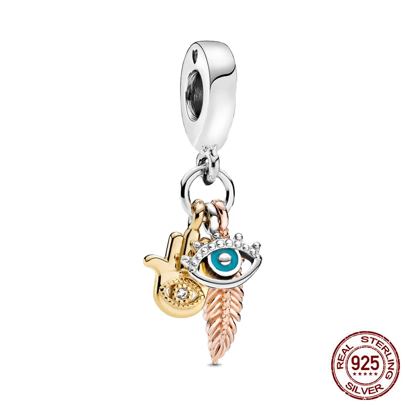 

New 925 Sterling Silver Bead Hamsa, All-seeing Eye & Feather Spirituality Dangle Charm DIY fine beads Fit Original Pandora Charm