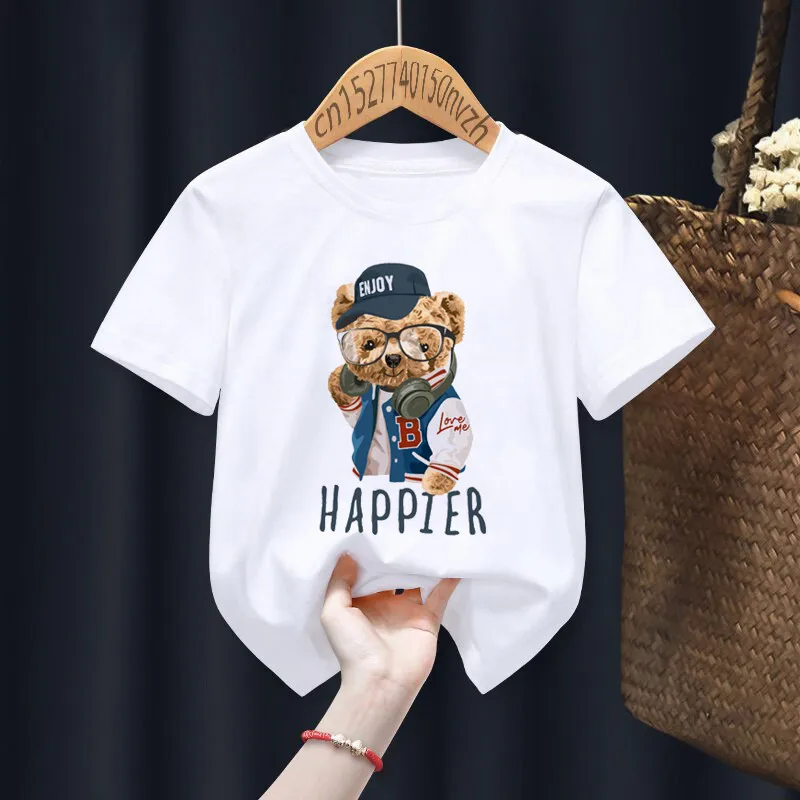 Funny Bear Riding Motorcycle Print Boy Girl White T-shirt Kid Summer Harajuku Kawaii Funny Little Baby Y2K Clothes,Drop Ship