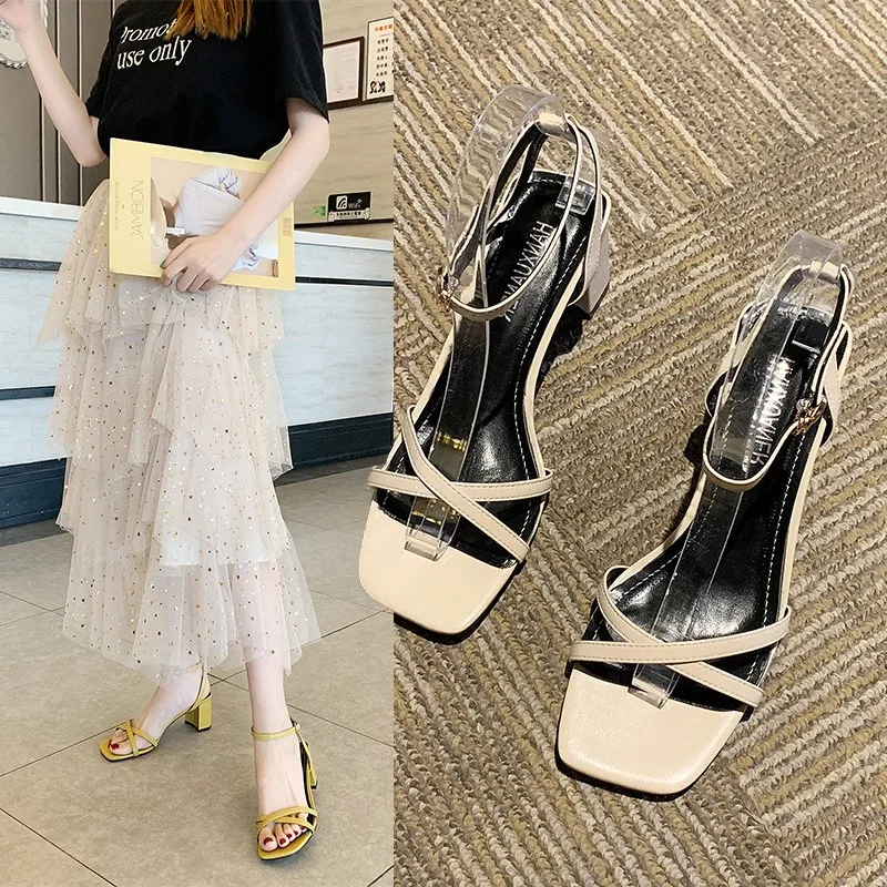 

High Heel Shoes Women's Chunky-Heel 2019 Summer New Style Versatile Korean-style Peep-Toe Straight Line Fairy Style Fashion WOME