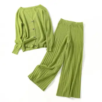 

Women Cardigan Coat Wide Leg Pants Knitted Set Winter Knit Top Elastic Waist Pants Suit Two Piece Loose Outfits