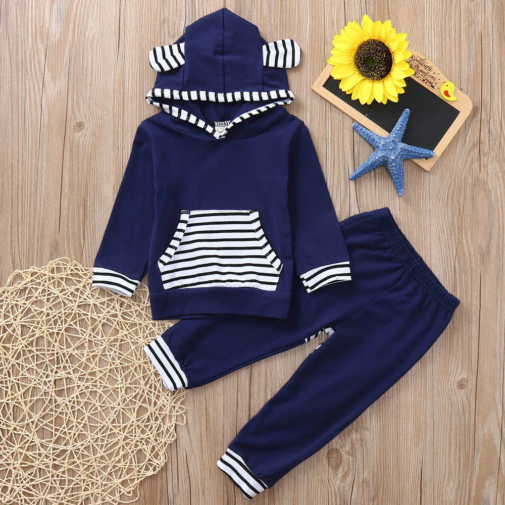 

Cute Toddler Infant Baby Boys Long Sleeve Hooded Tops Striped Print Pants 2PC Toddler Outfits Set