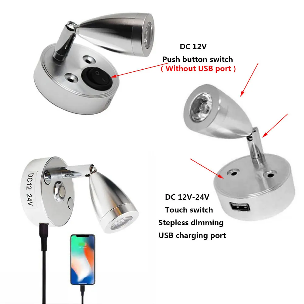 

Silver Aluminum DC 12V 24V LED Touch Dimmable RV Reading Light Fixture With USB Port,Warm Lights Cold White Boat Yacht Wall Lamp
