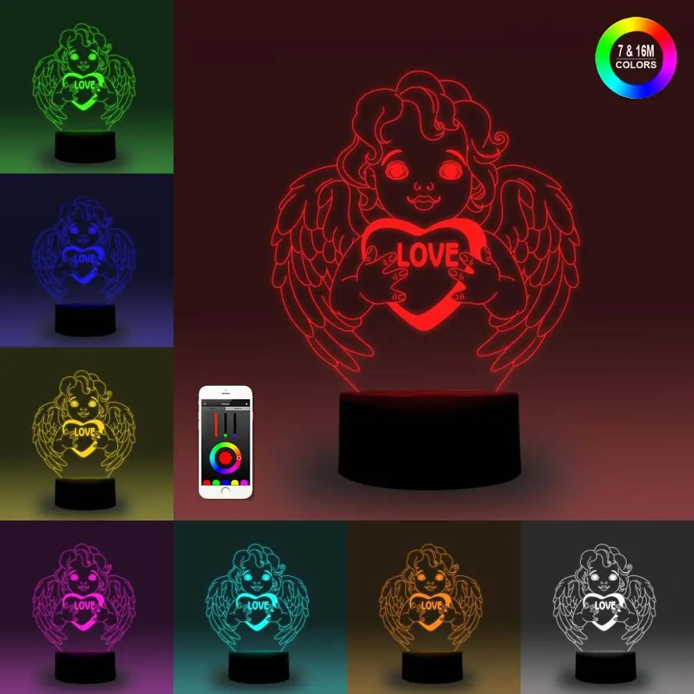 NiteApps 3D Ангел с сердцем ночник настольная Иллюзия украшение лампа подарок на день рождения приложение/сенсорный контроль