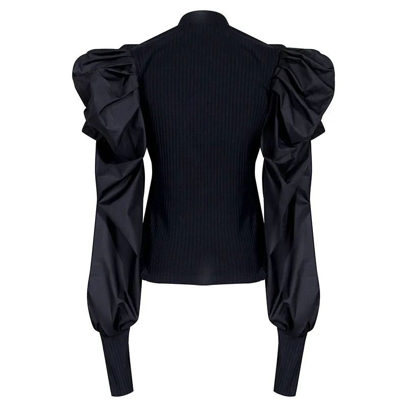 Women Black Knitting Sweater Burr Two Piece Blouse Pleated Puff Sleeve Tight Vintage Style Versatile Knitted Shirt Fashion Tide Women Black Knitting Sweater Burr Two Piece Blouse Pleated Puff Sleeve Tight Vintage Style Versatile Knitted Shirt Fashion Tide