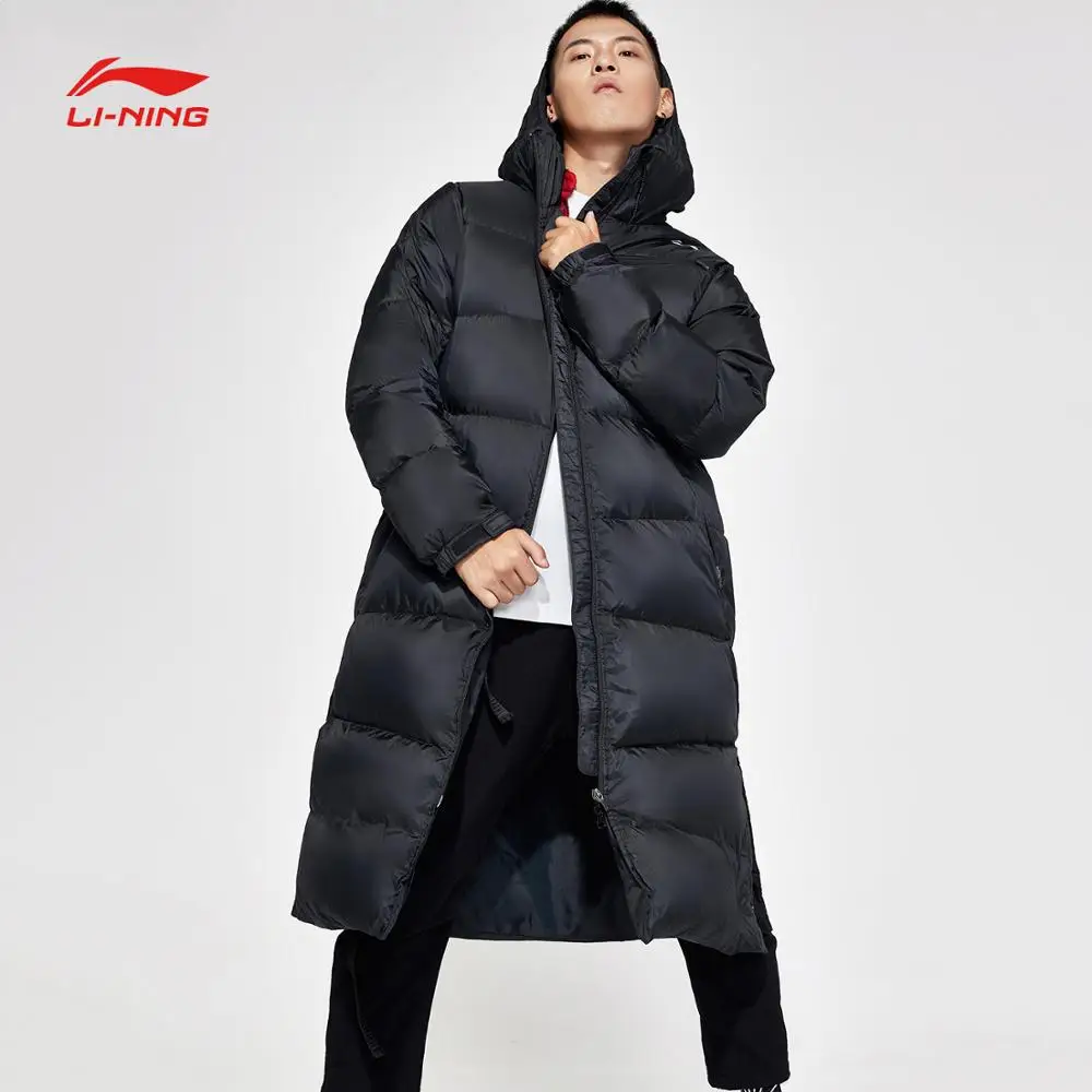 Li-Ning, мужская тренировочная серия, длинное пуховое пальто с защитой, Смарт, 70%, белый утиный пух, подкладка, зимняя спортивная куртка с капюшоном, AYMN055 MWY314