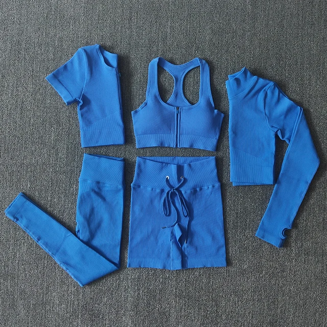 Seamless Women Yoga Set Workout Sportswear Gym Clothing Zipper Long Sleeve High Waist Leggings Fitness Bra Athletic Sports Suits 5PCSBlue