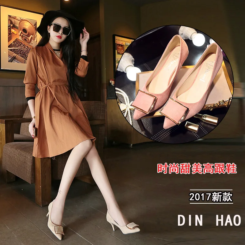 

2017 New Style Thin Heeled Pointed-Toe High Heel Shoes Women's Square Buckle Suede Shoes Women's OL Elegant Korean-style Four Se