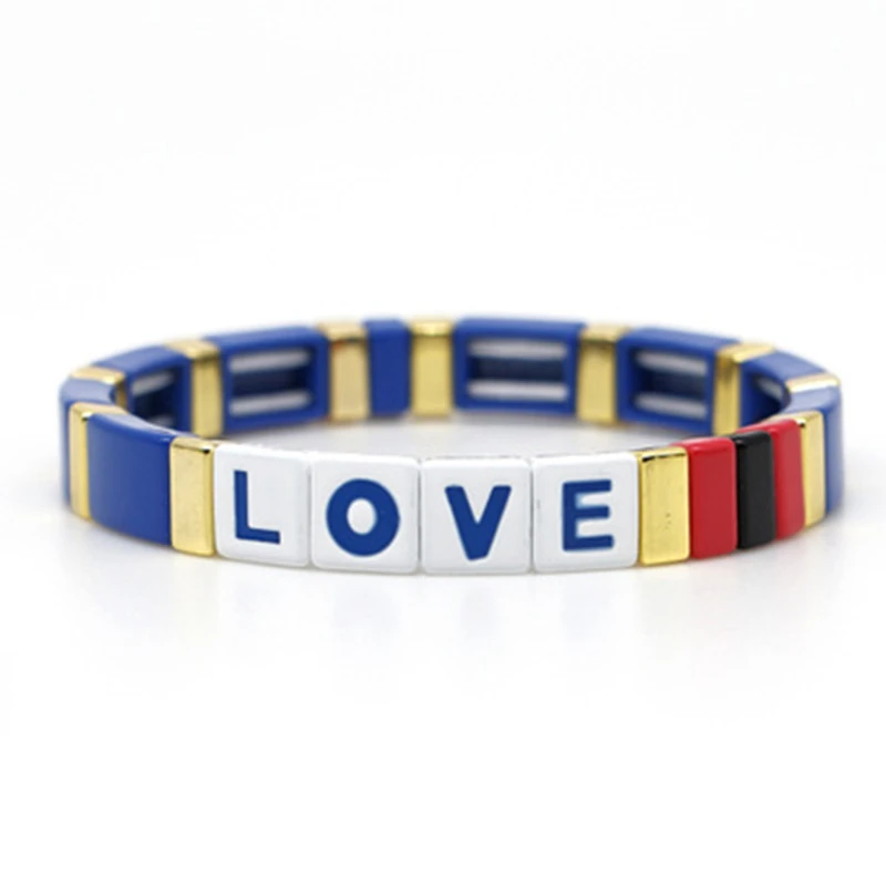 Letter LOVE Bohemia Ins Handmade Charm Enamel Rainbow Tile Bracelet Women Colorful Painted Metal Bracelets Wholesale Jewelry - Metal Color: HDB047-20
