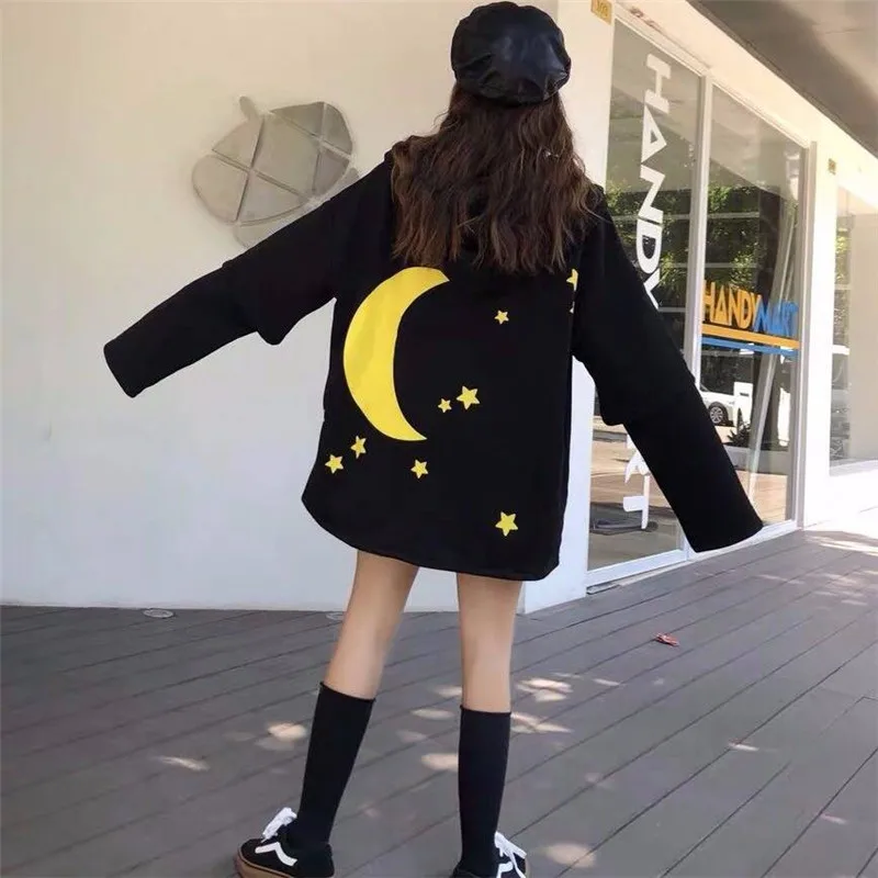 1 Harajuku толстовки с капюшоном с японским лунным принтом для женщин, готический панк, вельветовый свитер с капюшоном, крутой пуловер, уличная толстовка с капюшоном для девочек - Цвет: 1