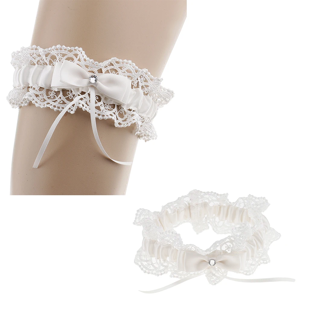 2pcs Delicate Beige Lace Floral Crystal Bowknot Wedding Garters Costume
