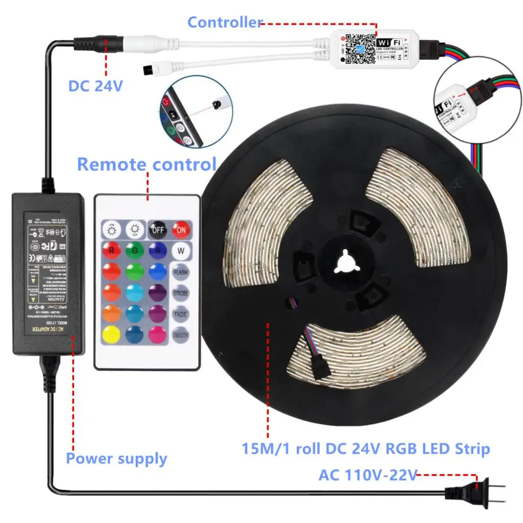 15M WiFi LED Strip Light RGB Tape Diode Neon Ribbon tira fita SMD 5050 30M Flexible Light String With WiFI Controller adapter