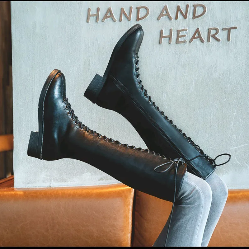 Rimocy/осенние женские сапоги высокие сапоги до колена на шнуровке/молнии на среднем квадратном каблуке ковбойская черная кожаная обувь женские сапоги для верховой езды