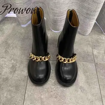 

Prowow New Genuine Leather Gold Silver Metal Chain Ankle Boots Round Toe Zip Back Thick Heel Low Heel Boots Shoes Women