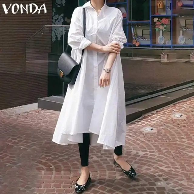 VONDA White Dress Women Sexy Turn-down Collar Asymmetrical Party Dress Office Ladies Sundress Casual Vestido  Robe 3