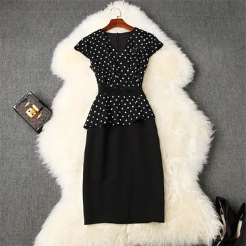 

2020 New Runway Designer Summer Office Dress for Women Fashion Clothes Elegant V Neck Polka Dot Print Vintage Pencil Dress Party