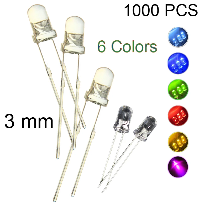 

1000pcs Emitting LED Diodes White Red Lot Bead Pink High Bright Green Wide Angle Blue 6 Color Transparent 3MM Warm White