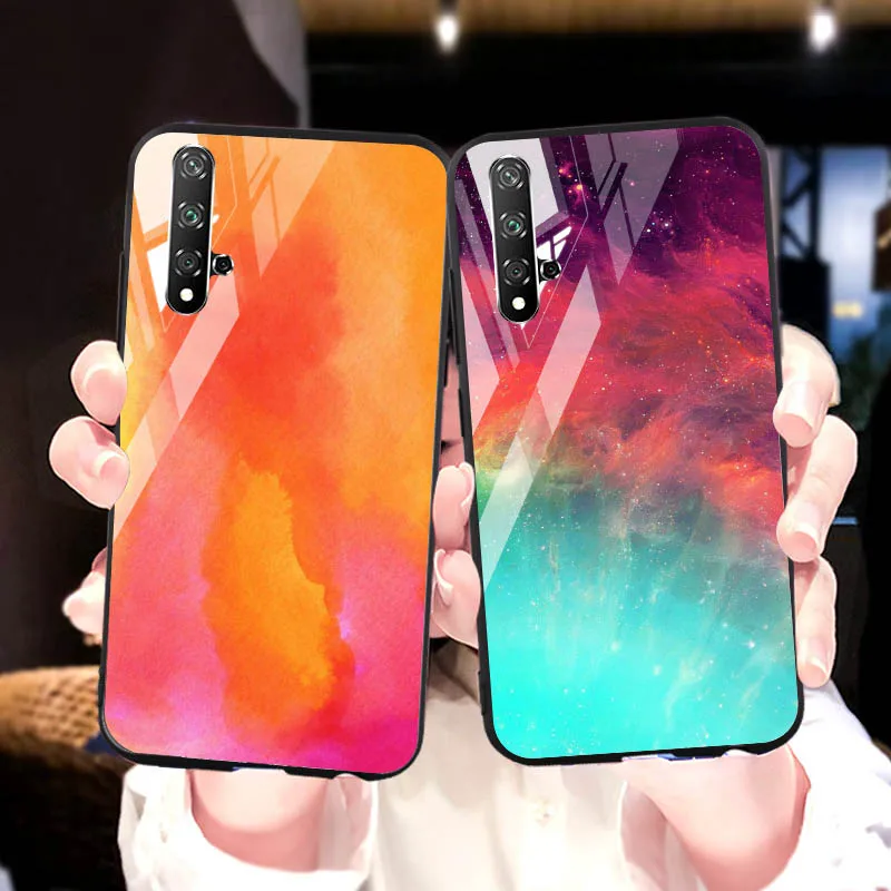 Colorful Glass Case For huawei honor 20 Soft Border case PC+TPU tempered glass for Honor pro back cover |