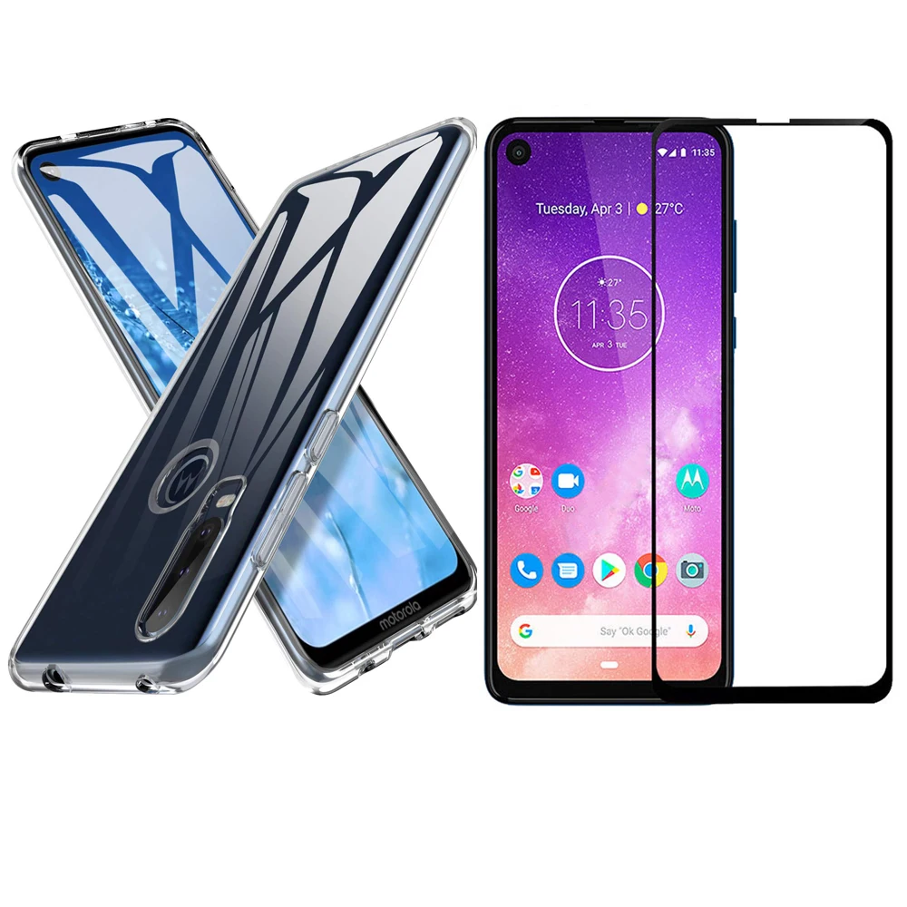 

Moto One Vision Case Moto One Action Full Coverage Tempered Glass with Clear Soft TPU Back Case For Motorola One Vision XT1970