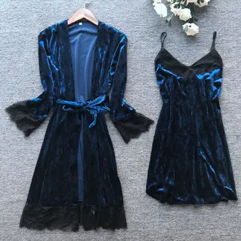 

Elegant Solid Navy Blue Velvet Long Sleeve Female Homewear 2pcs Sleep Set Nightwear Sexy Autumn Sleepwear Soft Bathrobe Gown
