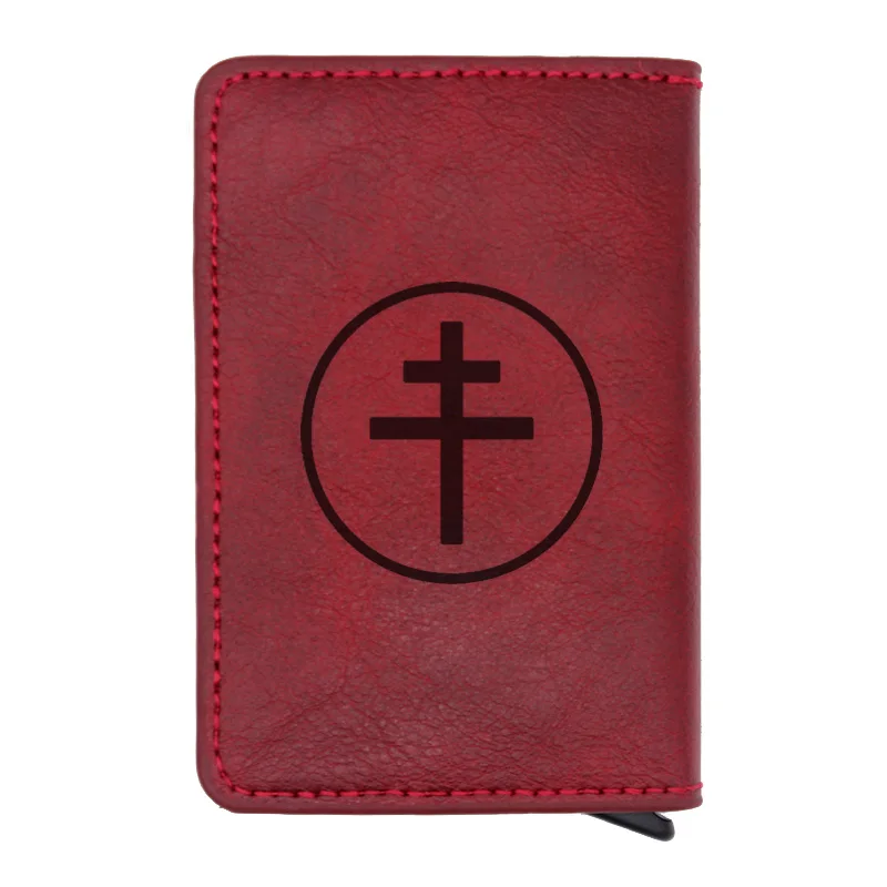 

Antique Red Christian Cross Credit Card Holder Wallet PU Leather Unisex Casual Charm Men Women Military Aluminum Purse