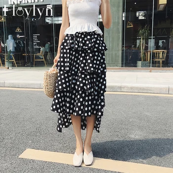 

Ruffle Pleated Skirt Women Vintage High Waist Skirt 2018 Polka Dot Long Skirts New Cascaded Skirt Female
