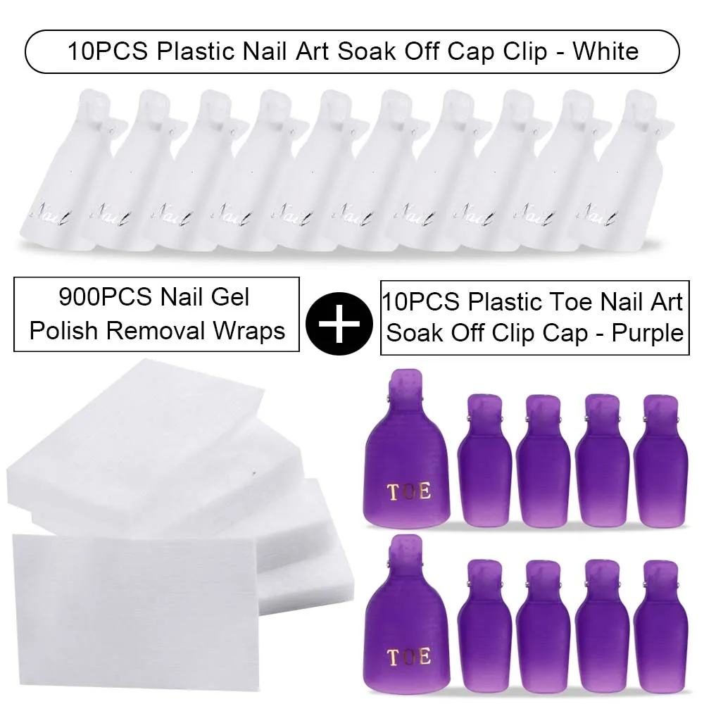 20PCS Plastic Fingers And Toes Nail Art Soak Off Cap Clip And 900PCS Cleanser Nail Gel Polish Removal Wraps Remove Tool Nail Tip - Цвет: Purpl Toe Transpar H
