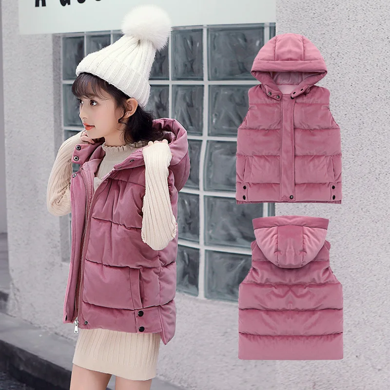 

Warm Winter Girls Cotton Vest with Hooded Collar Soft Warm Down Vest Girl Sleeveless Children Winter Waistcoat For 1-6 Y