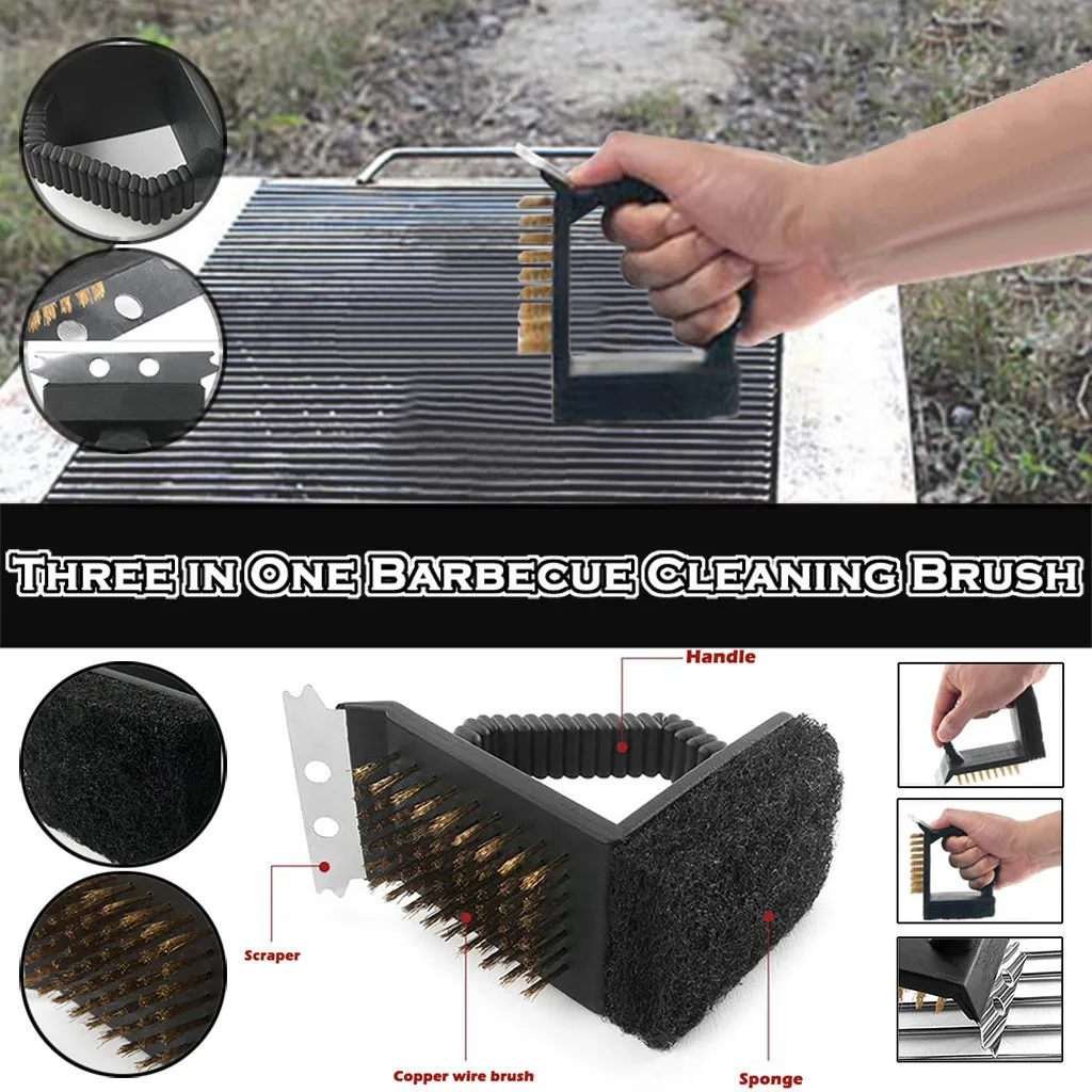 New 3 in 1 Stain Steel Bristle Brush BBQ Grill Steel Scraper Edge Clean Tool small scraper quick
