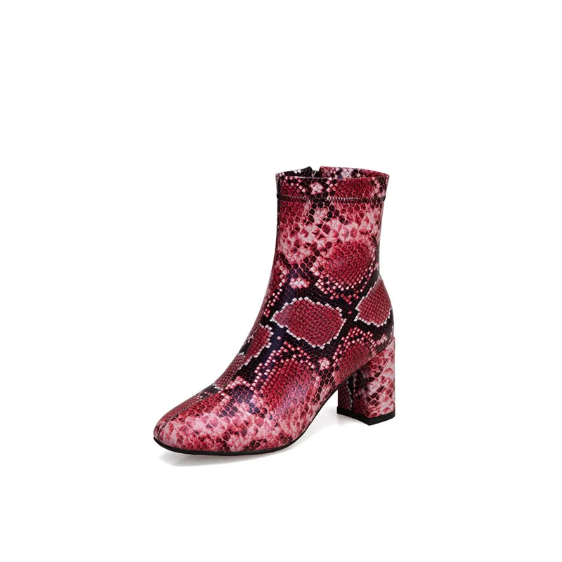 Ботильоны со змеиным принтом женские ботинки на молнии г. Новые ботинки «Челси» на квадратном каблуке модная женская пикантная обувь с круглым носком