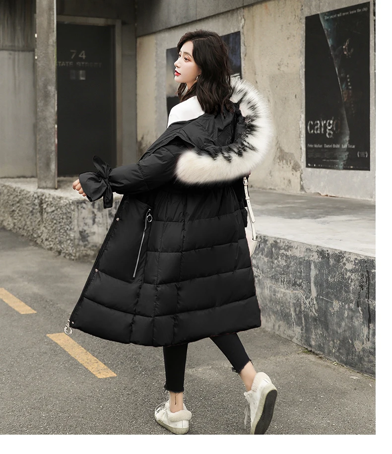 Cotton-padded Clothes Thick over-the-Knee Long Sleeve Slimming Fashion Korean-style High Imitation Large Fur Collar Bow Mid