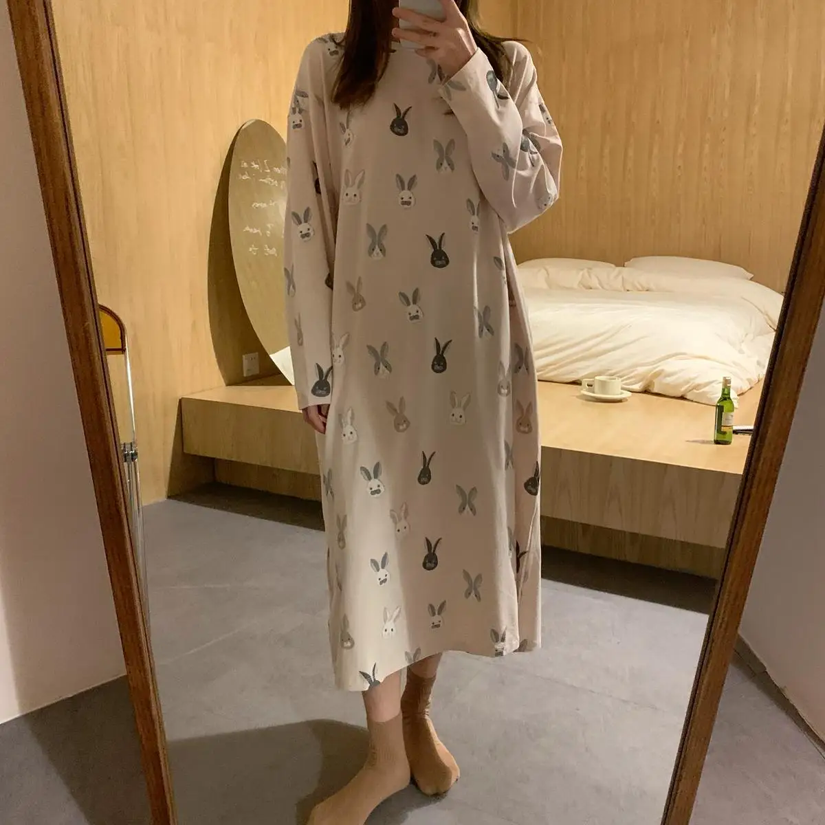 

Rabbit Print Spring Nightgown Women Long Sleeve Cotton Cartoon Long Sleepwear Soft Home Clothes Loose Nightdress Vintage