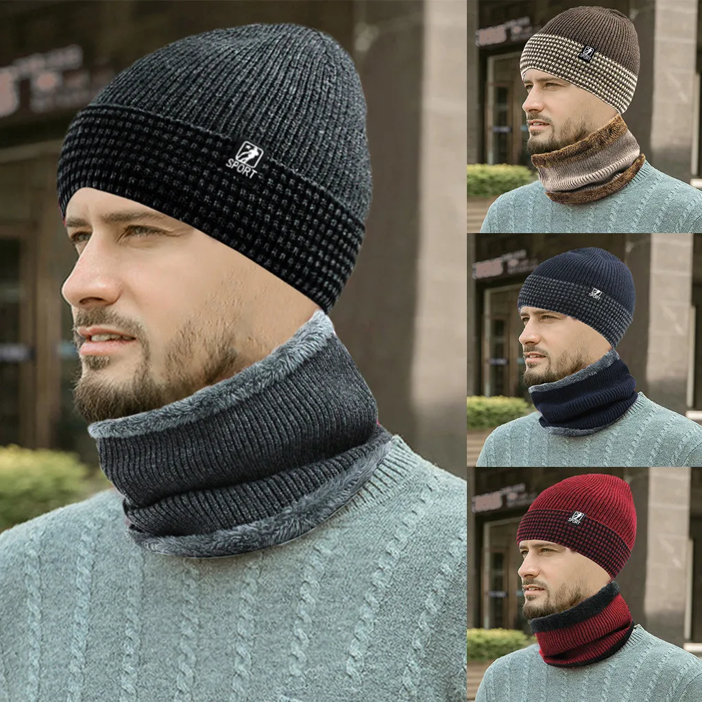 Are you sure not to click in and see? Men Warm Beanie Winter Thicken Knit Windproof Cap Hat And Scarf Two-Piece Set hot sale | Аксессуары