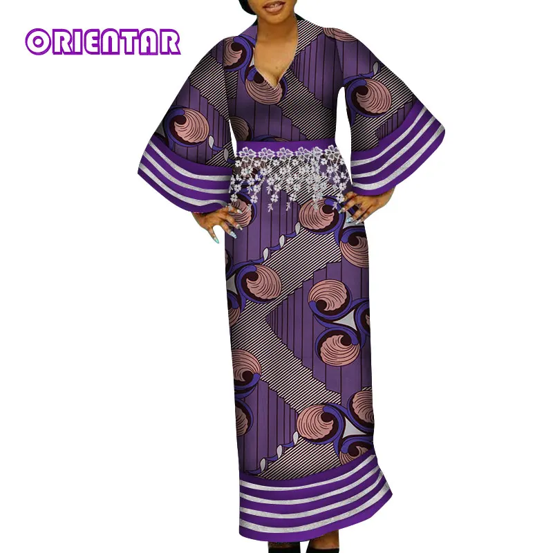 Женская одежда в африканском стиле, повседневные африканские платья, Африканский принт, длинный рукав, v-образный вырез, платье леди