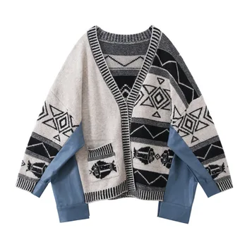 

[EWQ] 2020 Spring Autumn New Pattern V-collar Long Batwing Sleeve Print Knitting Patchwork PU Open Stitch Jacket Women 19C-a150
