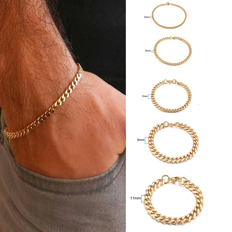 Мужской браслет, панцирная кубинская цепочка, нержавеющая сталь, мужские s Wo мужские s браслеты, браслет, золотой тон, не выцветает, 3 мм до 11 мм