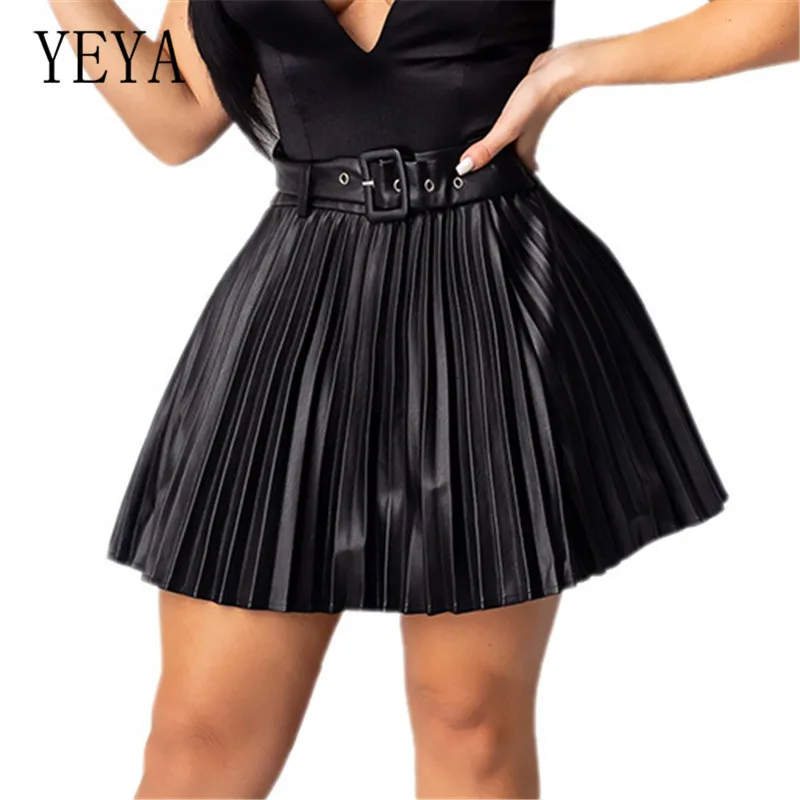 YEYA Женская мини-юбка с высокой талией из искусственной кожи, Сексуальные Короткие плиссированные юбки из искусственной кожи, корейская мода, черные плиссированные юбки