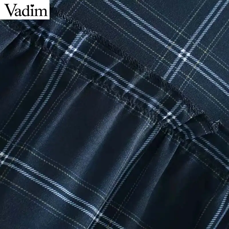 Vadim women vintage plaid print mini dress ruffles long sleeve female casual straight dresses retro vestidos mujer QC882