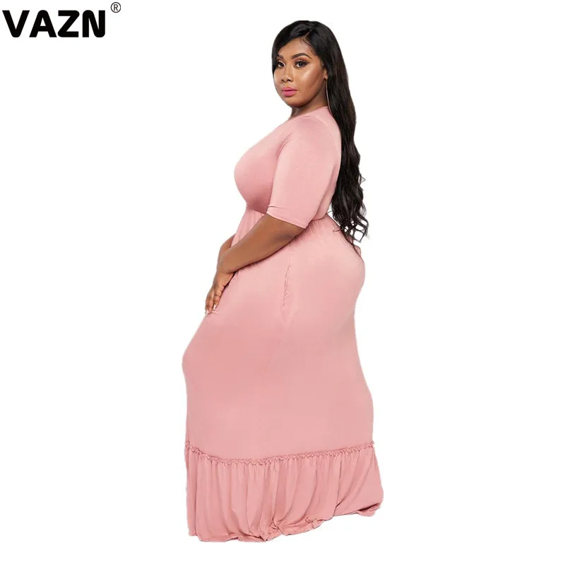 VAZN JLY19002 Новое Осеннее сексуальное высококачественное модное однотонное женское мягкое длинное платье с круглым вырезом и коротким рукавом, большие размеры