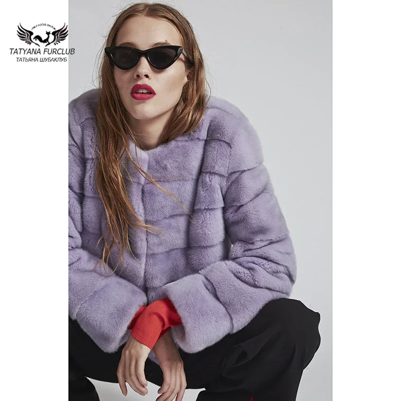 Tatyna Furclub Новое тонкое Норковое Пальто с мехом короткое стильное модное пальто из натуральной кожи с натуральным мехом Куртка с круглым вырезом вся кожа Мода