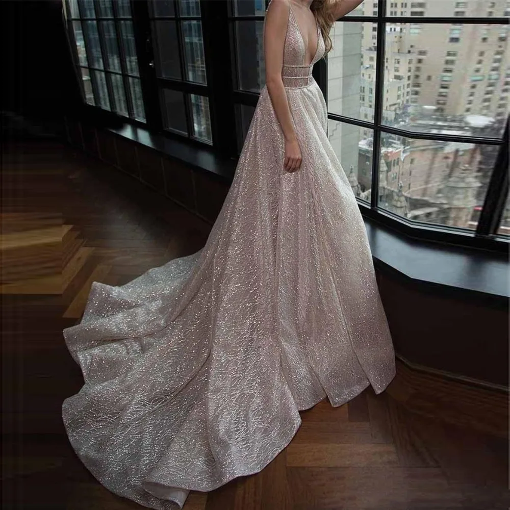 

Gorgeous Sparkle Sequined Lace A-line Evening Gowns Sexy Backless Crystal Beaded Bridal Dresses 2019 Luxury Prom Gowns