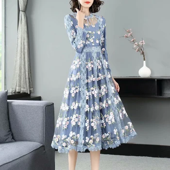 

2020 Fall New Style Bohemian Retro Embroidery Flowers Sexy Lace Tulle Long Sleeve Elegant Temperament Mid-Length Dress