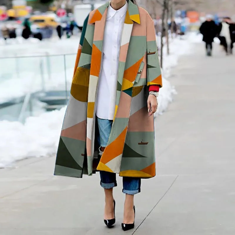 Осеннее и зимнее Новое Женское модное пальто с отворотами, цветная куртка с длинными рукавами, ветровка