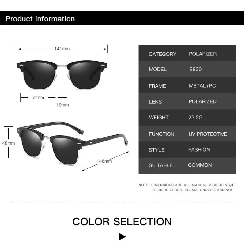 Classic Semi-Rimless Polarized Sunglasses 2024 Men's Women Square Sun  glasses Men Oculos De metal frame sunglasses sunshade