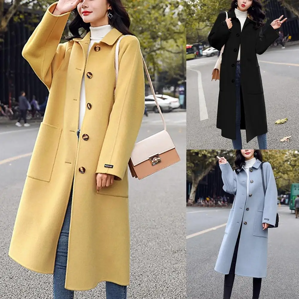 

2019 Coat Women Wool Plus Size Autumn Winter Solid Lapel Long Sleeve Button Coat Cashmere Woolen Coat Winter
