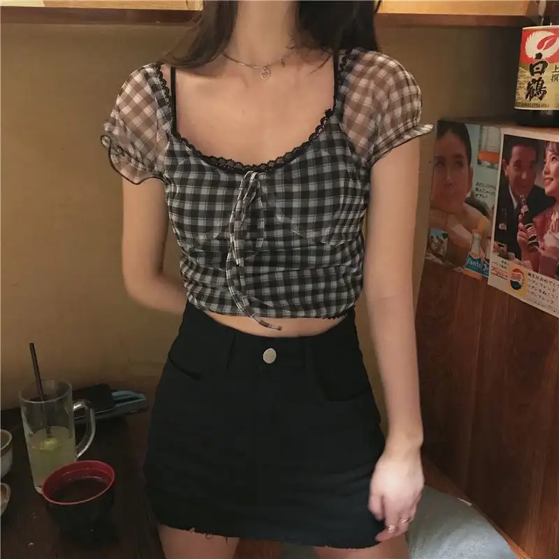 2020 Summer New Plaid Blouse Women Retro Square Collar Shirt Casual Lace Chiffon Puff Sleeve Crop Tops Female Korea Clothing