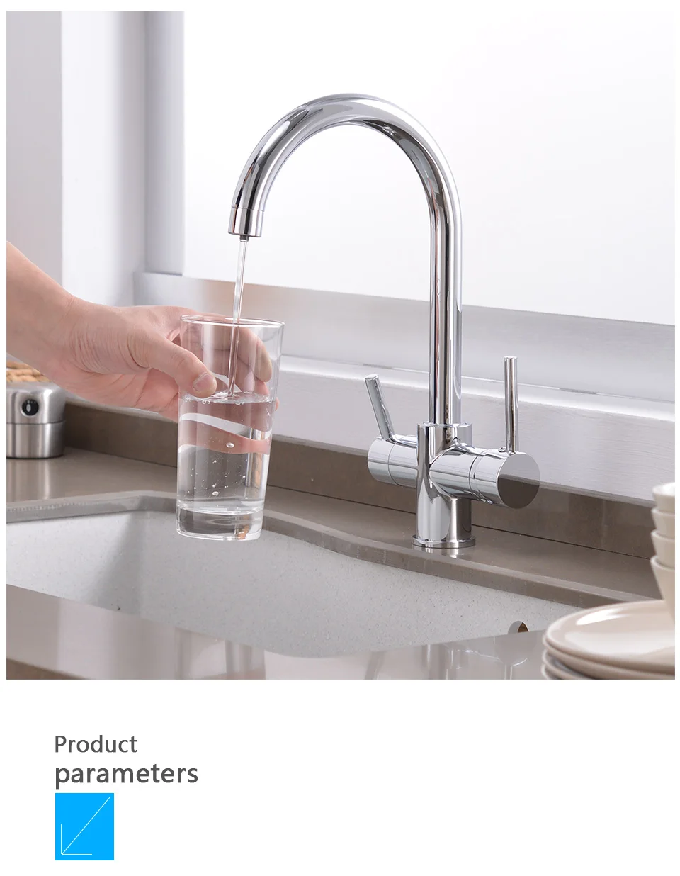 ROVATE 3-Way Sink Faucet Purified Water Hot and Cold Mixer Tap, Dual Handle Drinking Water Filter Kitchen Faucet Deck Mounted